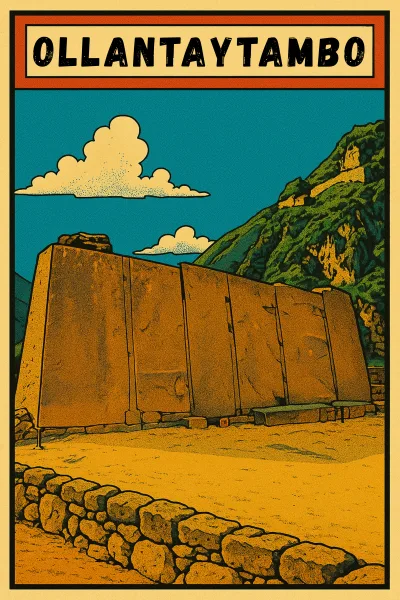 Retro comic style graphic of Ollantaytambo ruins in the Sacred Valley, Peru, featuring massive Inca stone walls with Andean mountains in the background.