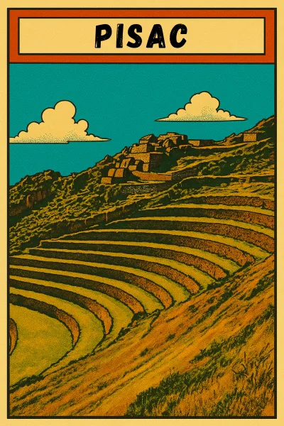 Bold comic book style illustration of Pisac ruins in the Sacred Valley, Peru, showing sweeping Inca agricultural terraces leading up to stone structures on the hillside.