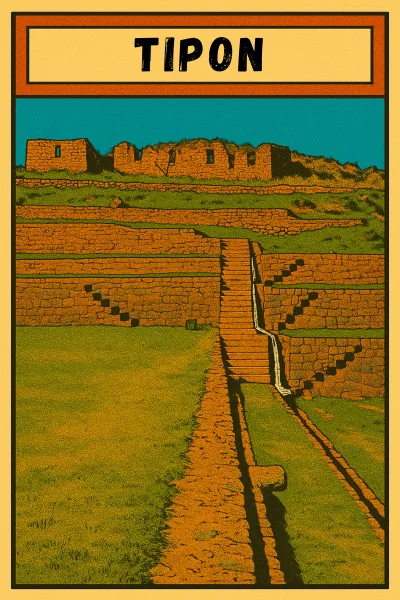 Comic book inspired artwork of Tipón archaeological site in the Sacred Valley, Peru, highlighting Inca terraces, stairways, and water channels in retro graphic style.