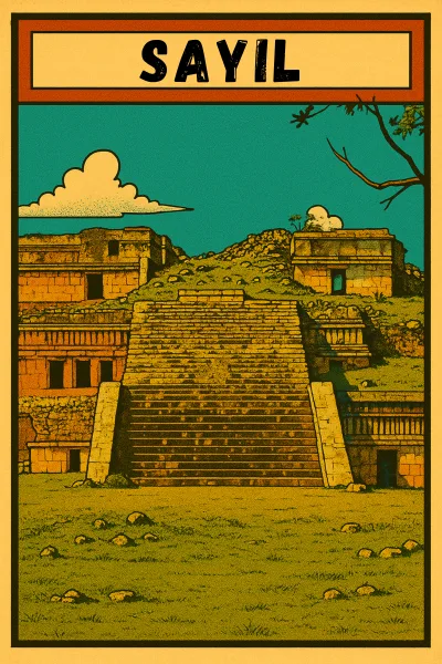 Comic book style illustration of Sayil Maya ruins Yucatan Mexico. Central pyramid staircase with surrounding palace structures on the Puuc Route.