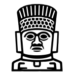 Black stencil-style icon depicting the stylized face of an Atlantean warrior statue from Tula, symbol of Toltec culture in central Mexico.