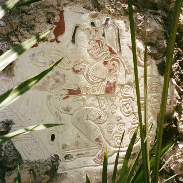 Preserved Maya wall painting showing a seated figure in red and white, partially hidden by jungle foliage at the Tulum ruins