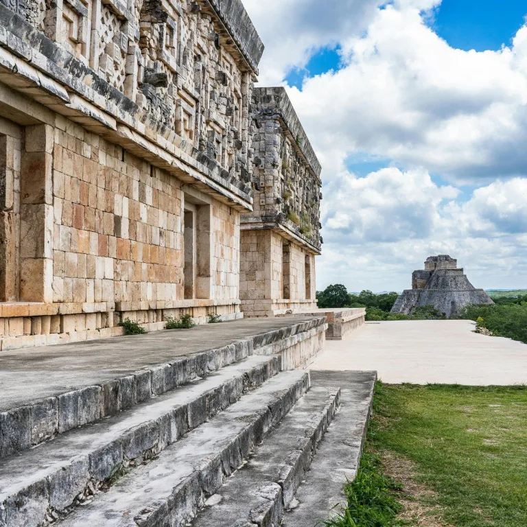 View from the Governor’s Palace platform toward the Pyramid of the Magician at Uxmal