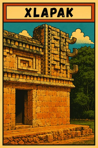 Comic book style illustration of Xlapak Maya ruins Yucatan Mexico. Intricate Puuc style stone façade with Chaac masks along the Puuc Route.