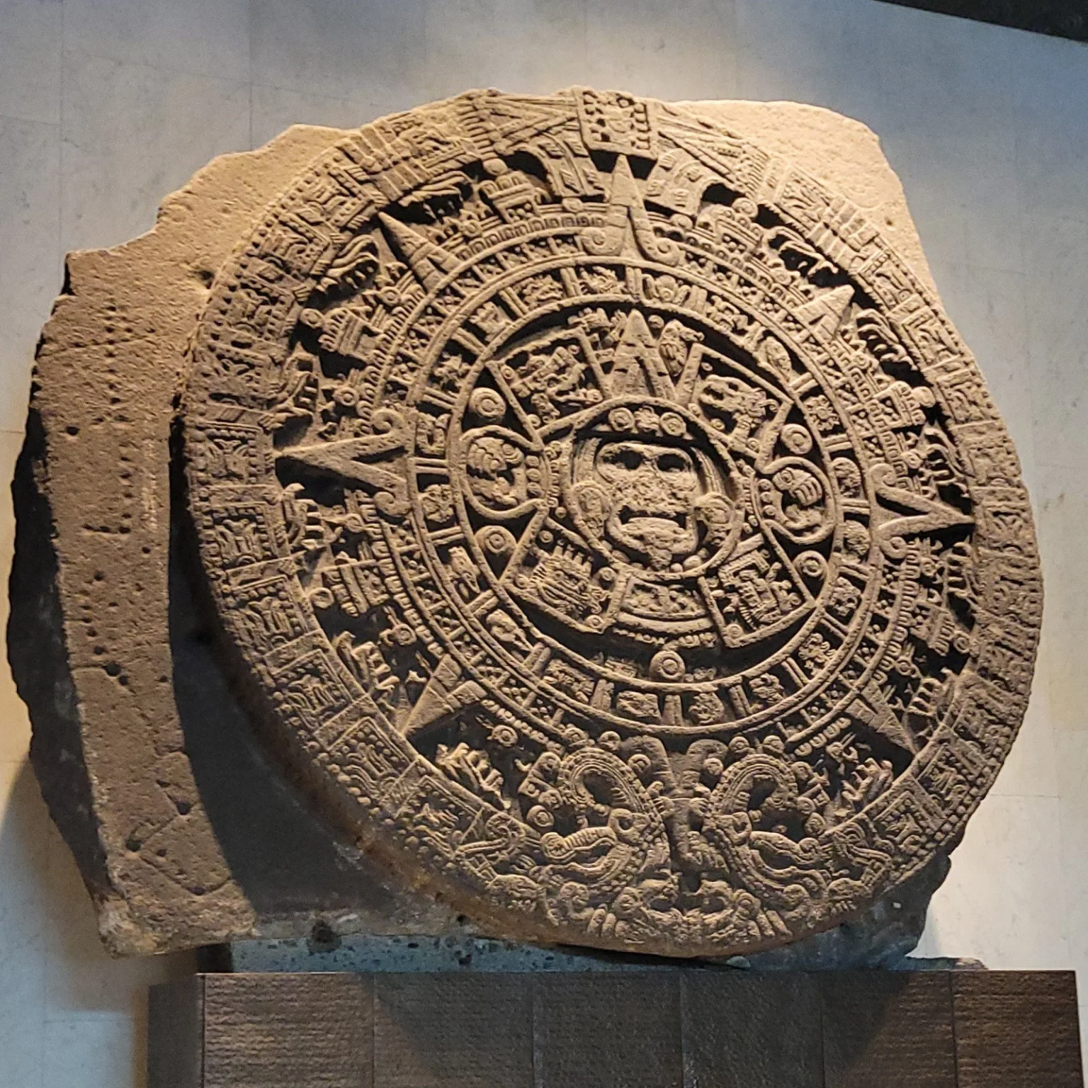 The Aztec Sun Stone, or Calendar Stone, on display at the Museo Nacional de Antropología in Mexico City, carved with symbols of time and the god Tonatiuh