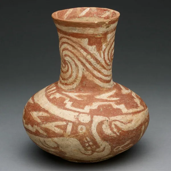 Mississippian Nodena Red-and-White ceramic bottle (1300–1500) from the Lacy site, Mississippi County, Arkansas. The round earthenware vessel features elaborate designs of Underwater Serpents (Piasa) painted in red pigment on a white slip.