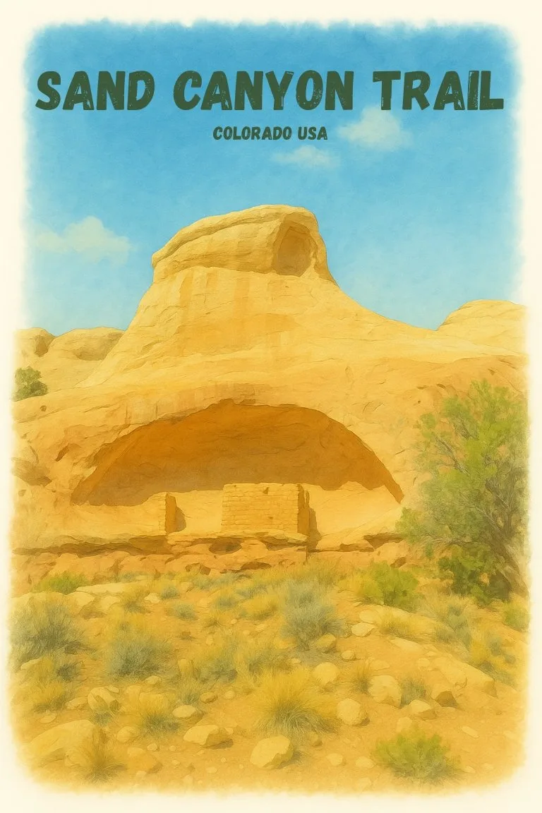 Labeled watercolor illustration of Saddlehorn Pueblo on the Sand Canyon Trail in Canyons of the Ancients, showing the alcove ruin set beneath a sandstone overhang with blue sky above.