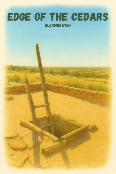 Labeled watercolor illustration of a kiva ladder at Edge of the Cedars with sandstone walls and a wide desert horizon.