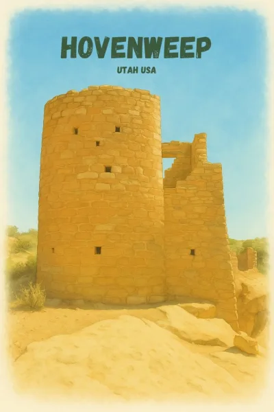 Labeled watercolor illustration of Hovenweep Tower ruins on the Utah-Colorado border, showing ancient Ancestral Puebloan stone masonry under a clear blue sky.