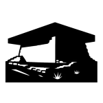 Black stencil style icon representing the rectangular residential room block and the adjacent large circular feature (Great Kiva location) of the Lowry Pueblo site.