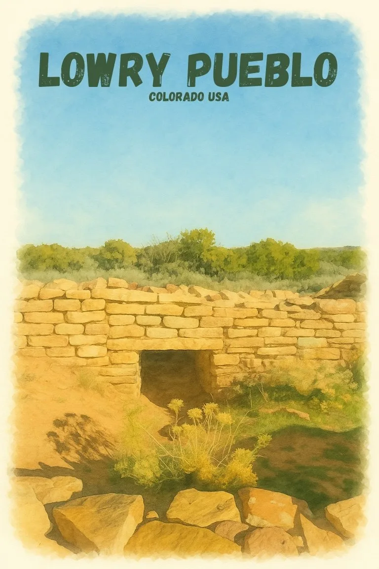 Labeled watercolor illustration of Lowry Pueblo ruins in Colorado, showing ancient Ancestral Puebloan stone masonry under a clear blue sky.