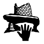 Stencil icon of Painted Hand Pueblo showing the round tower and cliff ledge.