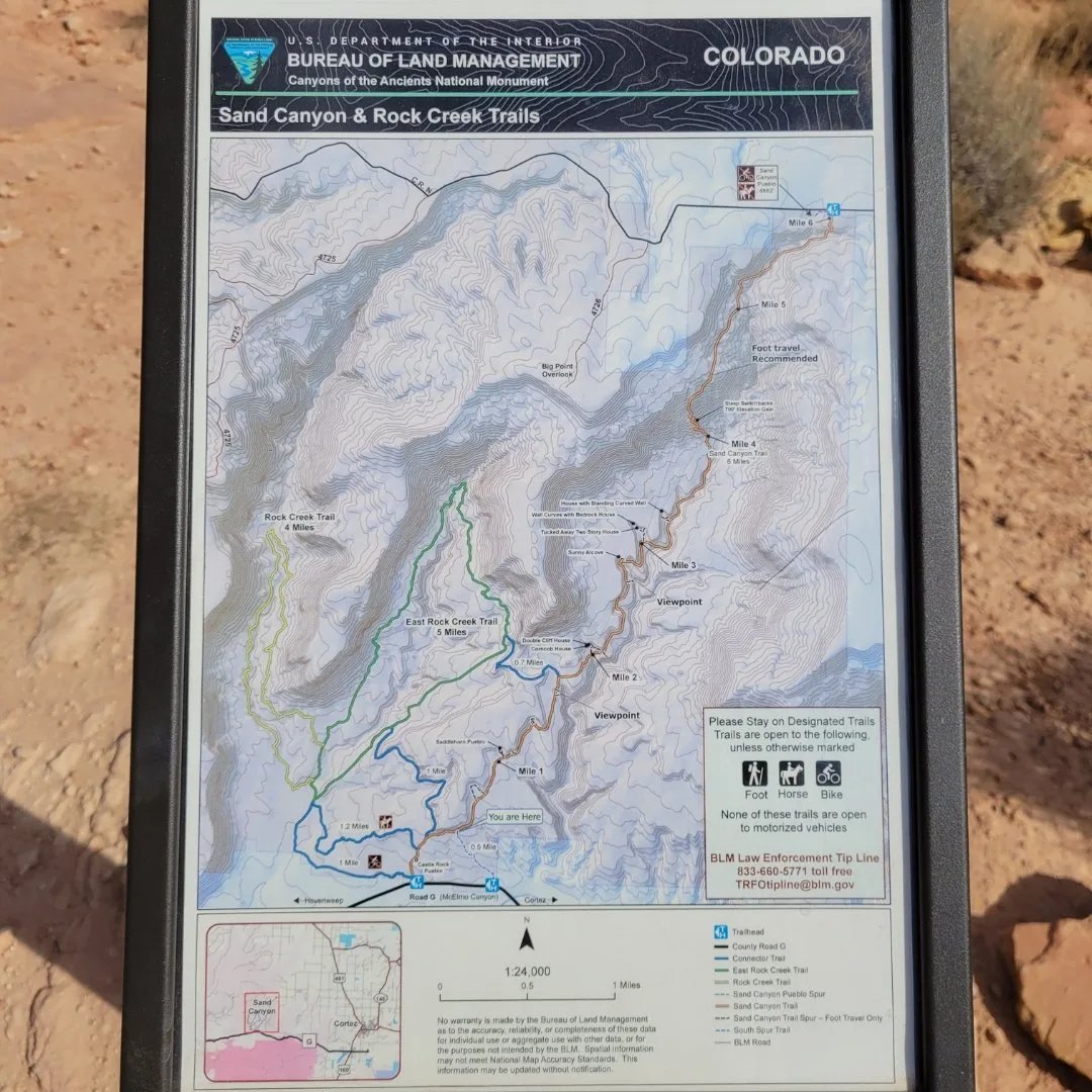 A map and information sign for the Sand Canyon and Rock Creek Trails in Canyons of the Ancients National Monument, Colorado.