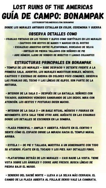 Guía de campo en inglés para Bonampak, que enumera los principales sitios y estructuras del centro ceremonial maya. Incluye detalles sobre la Estructura 1 con murales pintados, la plaza central, los templos circundantes, las escalinatas de piedra y el entorno selvático.