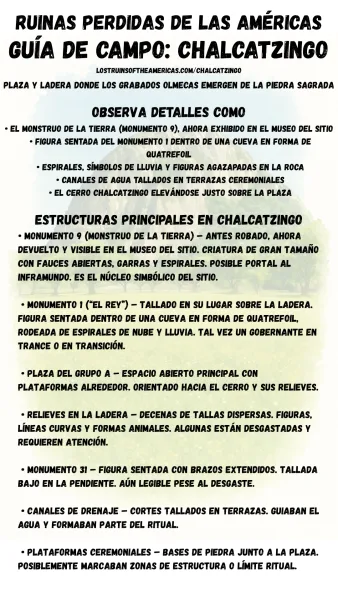 Guía de campo en español para Chalcatzingo, que destaca los relieves tallados olmecas, las esculturas en la ladera, las plazas ceremoniales y los monumentos de piedra integrados en el paisaje montañoso.