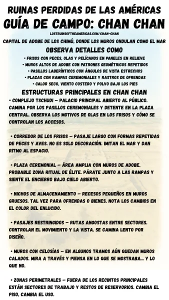 Guía de campo en español para Chan Chan, que destaca los complejos palaciegos de adobe, los muros en relieve con motivos marinos, las plazas ceremoniales y los corredores controlados de la capital chimú.