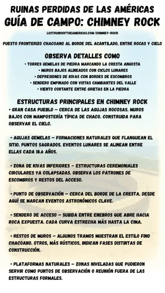 Guía de campo en español para Chimney Rock, un sitio puebloano en un acantilado marcado por torres gemelas de arenisca.