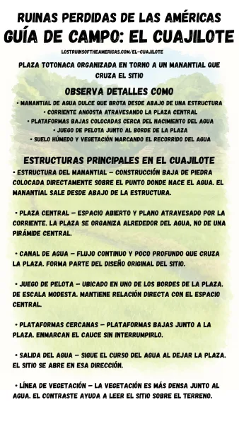 Guía de campo titulada El Cuajilote con texto que describe el sitio arqueológico totonaca en Veracruz, México