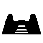 Stencil-style icon of the Becán pyramid with central stairway and flanking structures in a black line design.