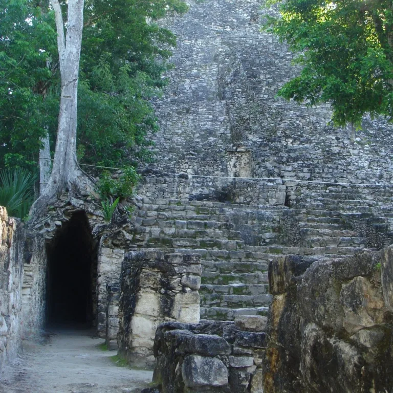 Nohoch Mul pyramid stairway and stone passage at Cobá archaeological site, Quintana Roo, Mexico.