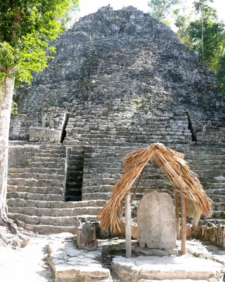 Nohoch Mul pyramid and stela at Cobá archaeological site, Quintana Roo, Mexico.