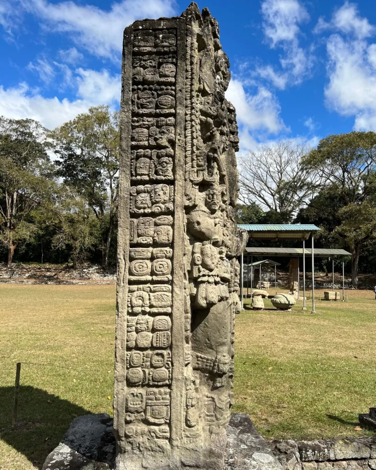 Stela A at Copán depicting the Maya ruler Waxaklajuun Ubaah Kʼawiil with carved hieroglyphic inscriptions.