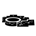 Black stencil icon of Escalante Pueblo showing stepped masonry walls in the foreground with a flat-topped mesa silhouette behind.