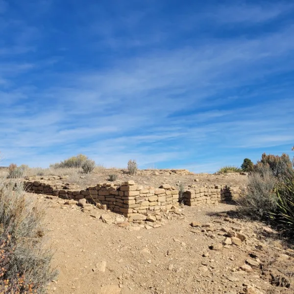 Low stone masonry room block at Escalante Pueblo in Dolores, Colorado showing partially exposed walls surrounded by desert vegetation and open sky.