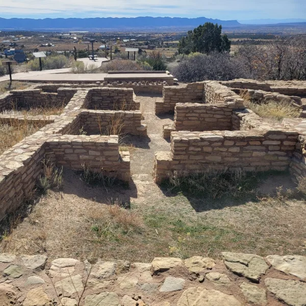 Stone masonry room blocks at Escalante Pueblo in Dolores, Colorado arranged in rectangular units with low standing walls and interpretive walkway nearby.