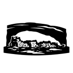 Stencil icon of Five Kiva Pueblo showing the sandstone alcove overhang and masonry walls as a solid black silhouette.