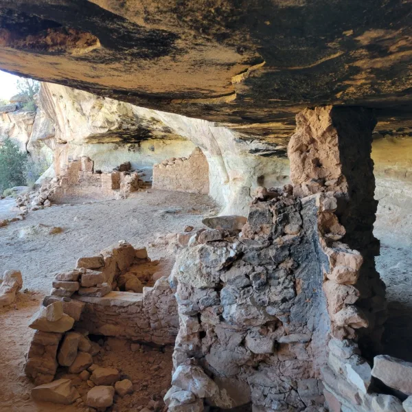Circular stone kiva and adjoining masonry room walls at Five Kiva Pueblo built beneath a large sandstone overhang in Utah.