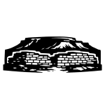 Stencil icon of Yucca House showing low masonry walls in the foreground with the profile of Ute Mountain behind.