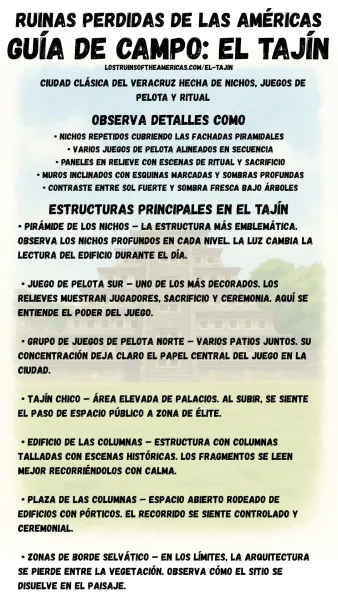 Spanish field guide for El Tajin with site overview text and key structures.