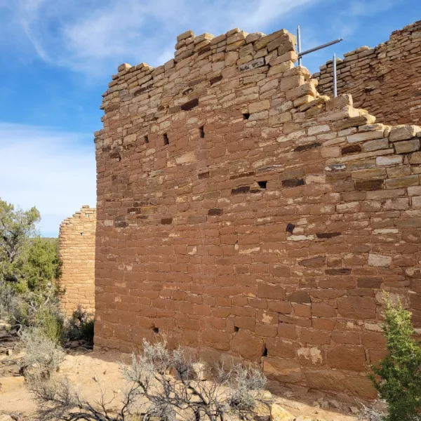 Masonry wall of Holly House at the Holly Group, an Ancestral Puebloan structure built on the canyon rim.