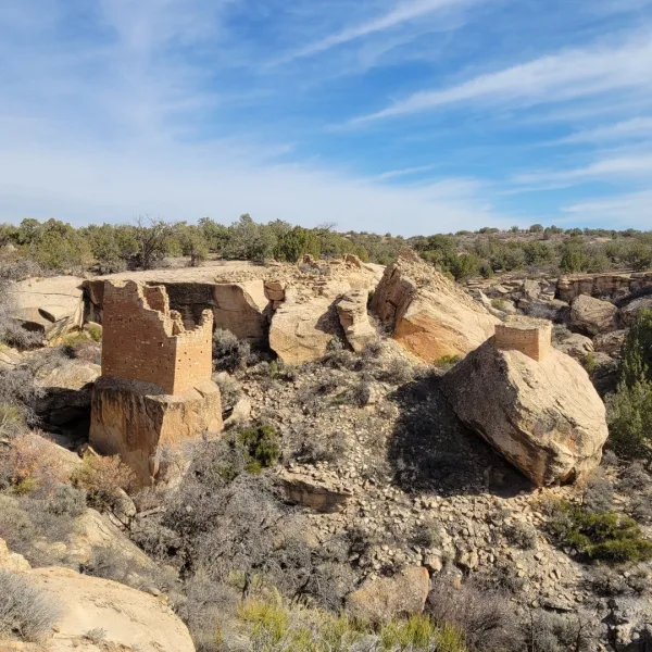 Holly Tower at the Holly Group, an Ancestral Puebloan tower built on a large sandstone boulder in Keeley Canyon.