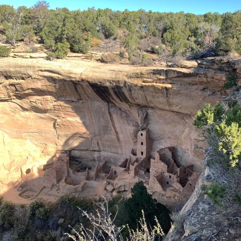 Square Tower House at Mesa Verde National Park, an Ancestral Pueblo cliff dwelling with a tall masonry tower built beneath a sandstone alcove.