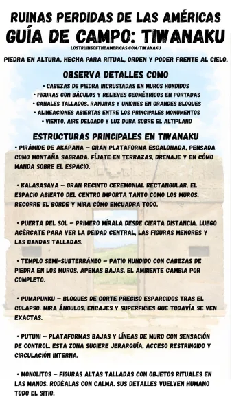 Spanish field guide for Tiwanaku with site overview text and key structures.