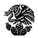 Stencil icon of an Aztec temple with a stepped platform and stylized serpent head shown as a bold black silhouette.