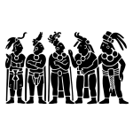 Stencil icon of the temple facade at Bonampak shown as a bold black silhouette with roof combs and stepped masonry forms.