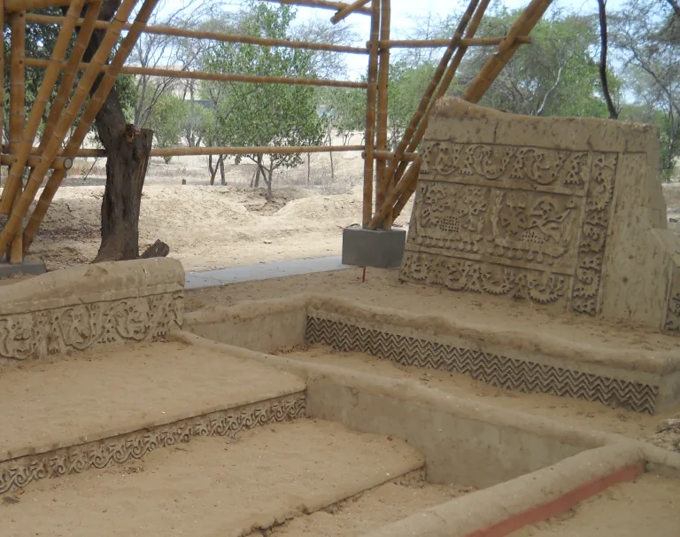 Adobe reliefs at Huaca Las Balsas in Túcume, Lambayeque, Peru.