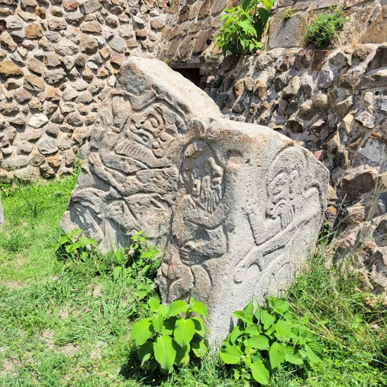 Carved Danzantes stones at Monte Albán in Oaxaca, Mexico, set against a masonry wall with grass in the foreground.