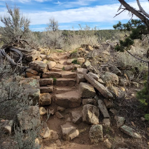Stone steps and low masonry remains at Sand Canyon Pueblo, an Ancestral Pueblo site in southwestern Colorado, bordered by sagebrush, dry grasses, and weathered stones on an open hillside.