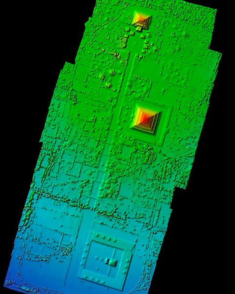 Lidar elevation map of Teotihuacan in Mexico showing the Avenue of the Dead with the Pyramid of the Moon, the Pyramid of the Sun, and the Ciudadela.