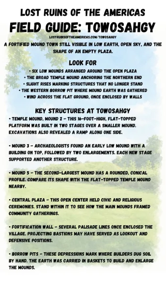 English field guide for Towosahgy State Historic Site, with notes on the Mississippian mounds, central plaza, palisade walls, borrow pits, and key site features.
