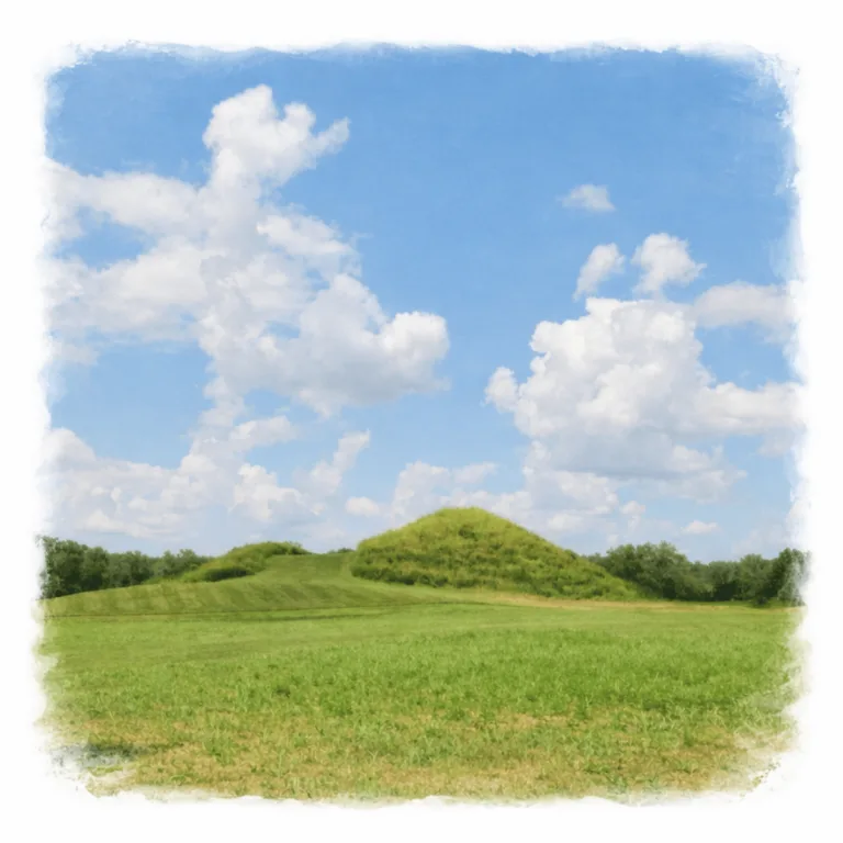 Earthen mound at Angel Mounds, a Mississippian site near Evansville, Indiana, rising from a grassy field beneath a blue sky with scattered clouds.