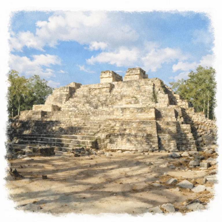 Structure I in the Central Group at Balamkú, a Maya archaeological site in Campeche, Mexico, with stepped stone platforms and summit temples.