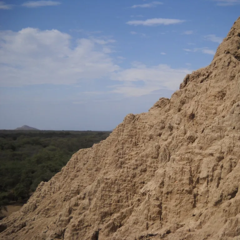 Eroded adobe wall of a Sicán huaca at Batán Grande in Lambayeque, Peru, overlooking the dry forest of Bosque de Pómac with a small mountain on the distant horizon.