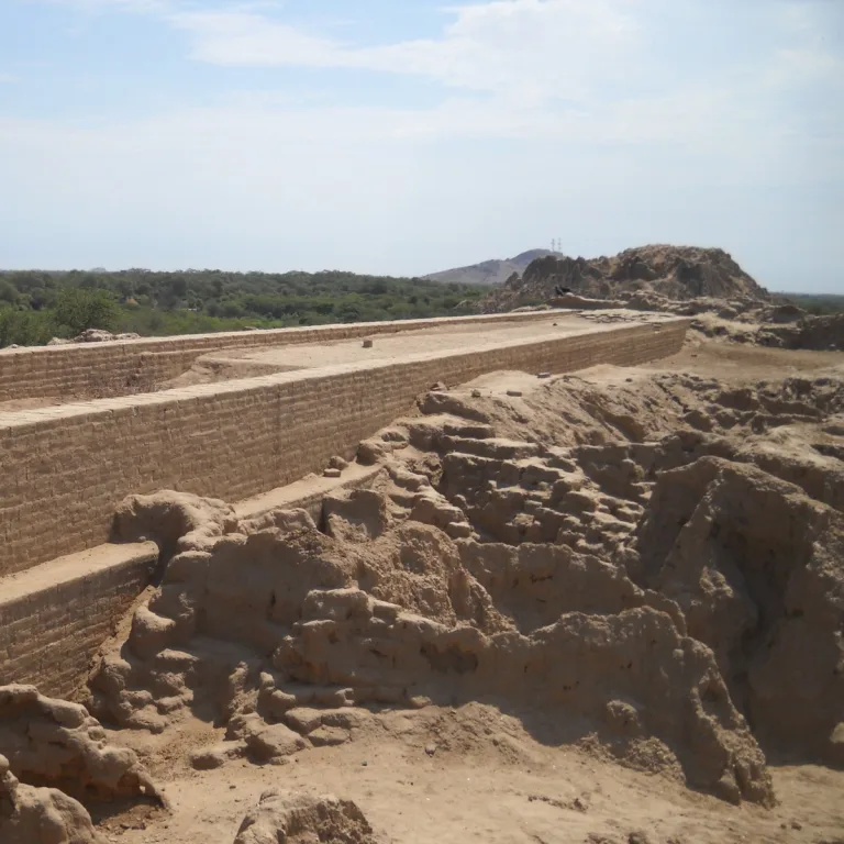 Excavated adobe architecture at Batán Grande in Lambayeque, Peru, with the eroded Huaca El Oro rising above the Bosque de Pómac on the right horizon.