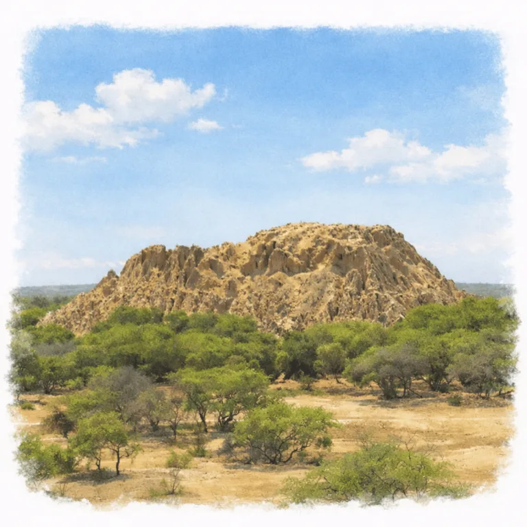 Huaca El Oro at Batán Grande in Bosque de Pómac, Lambayeque, Peru, a monumental Sicán adobe pyramid rising above the dry forest.