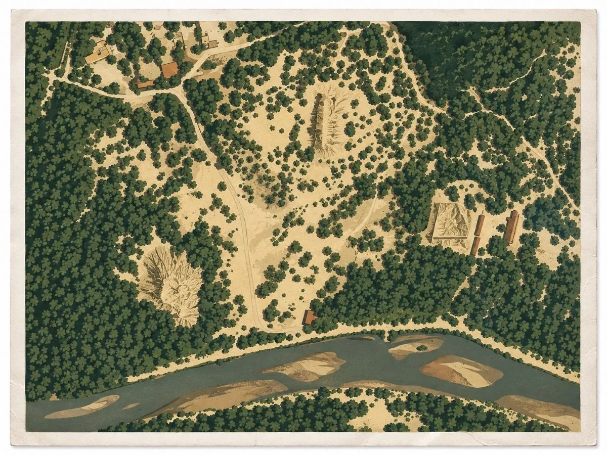 Illustrated site map of Batán Grande in Lambayeque, Peru, showing Sicán huaca complexes, roads, dry forest, and the La Leche River.